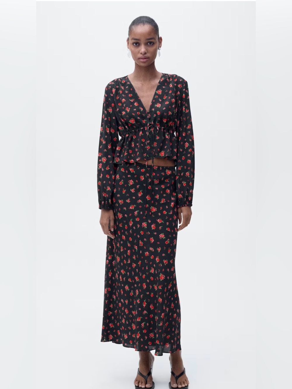 Mango Black V-Neck Floral Tie-Waist Blouse with Red Rose Print